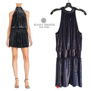RAMY BROOK NEW ELLIN Metallic Shimmer Velvet Halter Mini Dress L